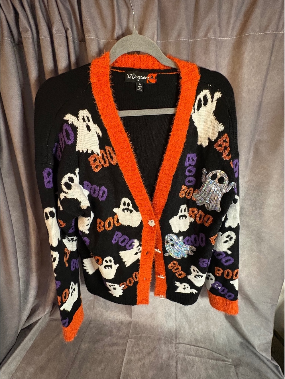 33 Degrees Halloween Ghost Boo Cardigan Sweater XL Sequins Orange Black